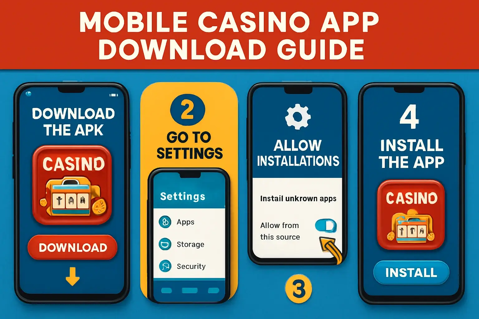 Clean infographic showing Android phone casino app APK installation steps