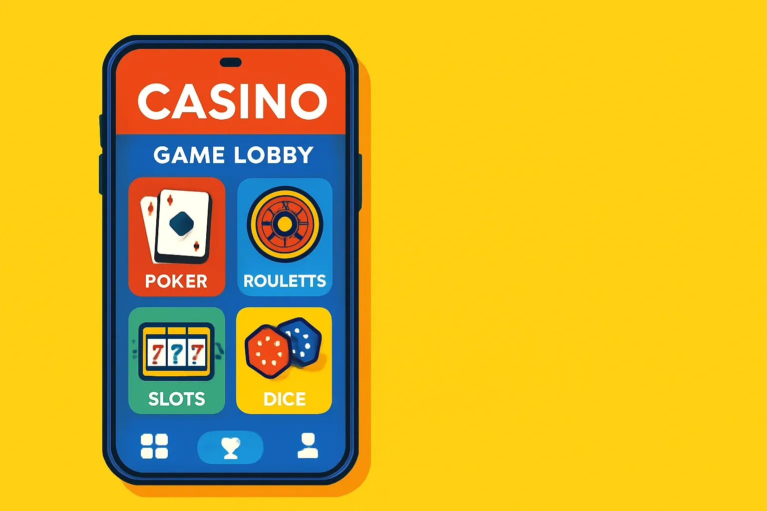 Android smartphone mockup showing casino mobile app lobby with vibrant UI