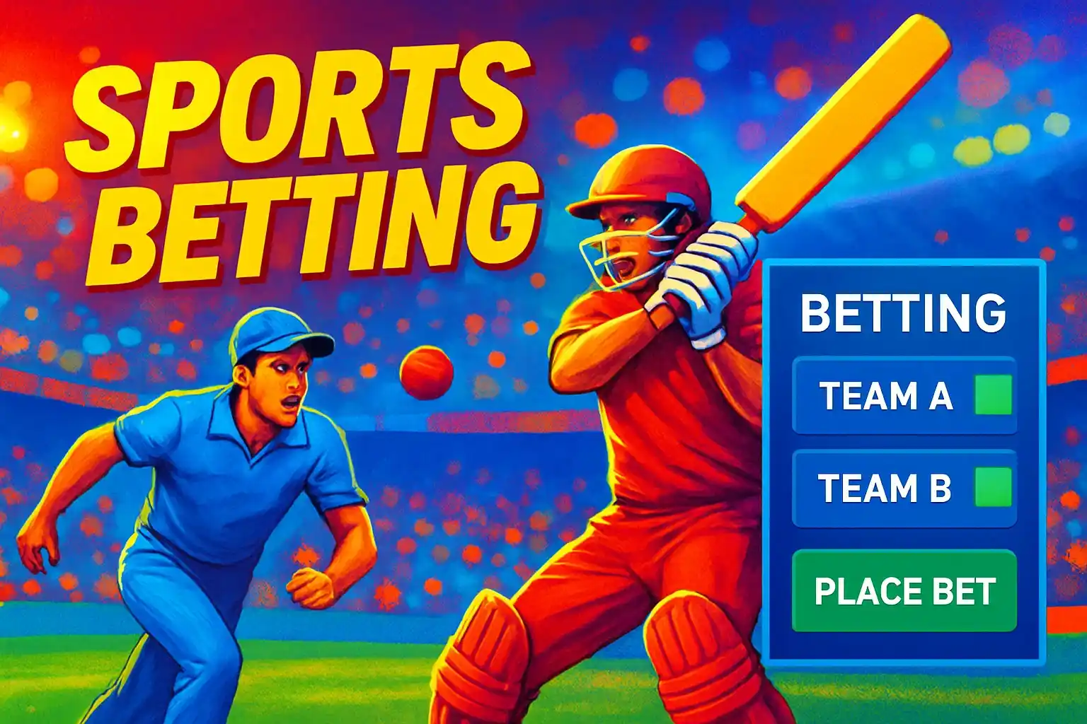 Sports betting banner with cricket action, stadium crowd, and interface overlay