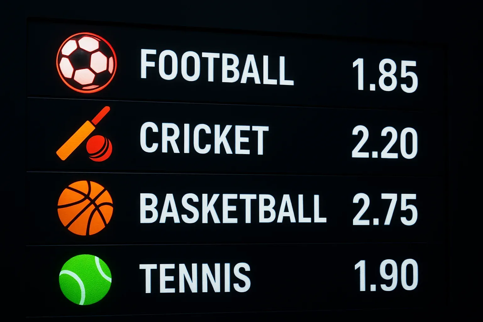Sports betting markets display with vivid icons and clear odds text