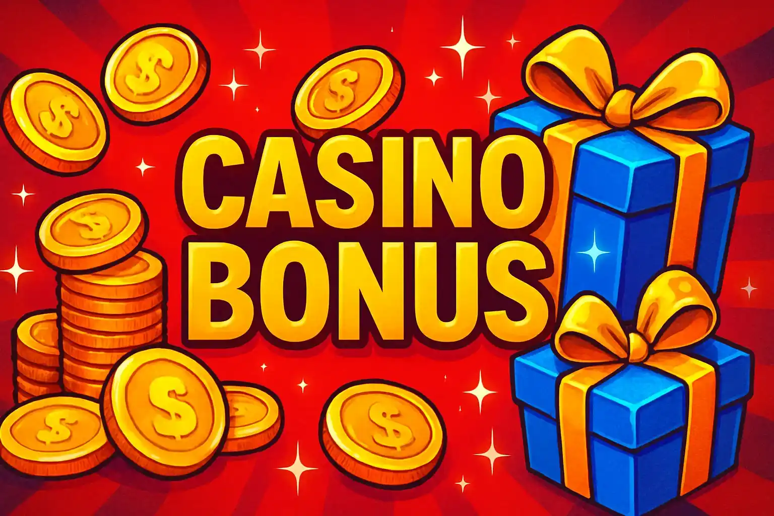 Casino bonus banner with golden coins, gift boxes, and sparkling rewards