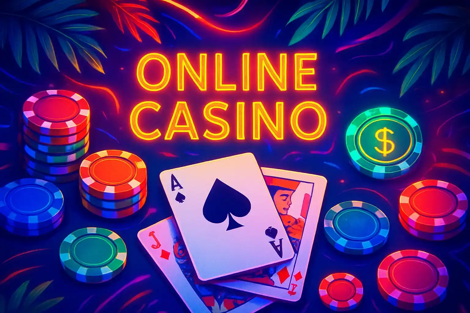 Luxury online casino hero banner with neon lights, chips, and cards