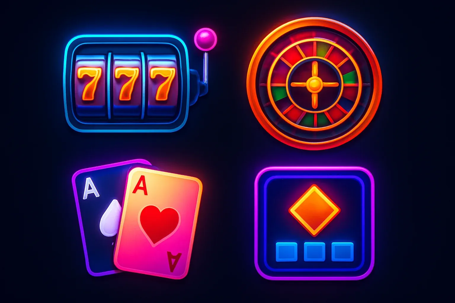 Popular casino game icons with slots, roulette, cards on dark background