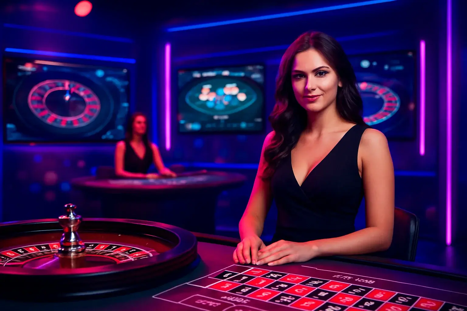 Elegant live casino studio with professional dealers and roulette blackjack screens