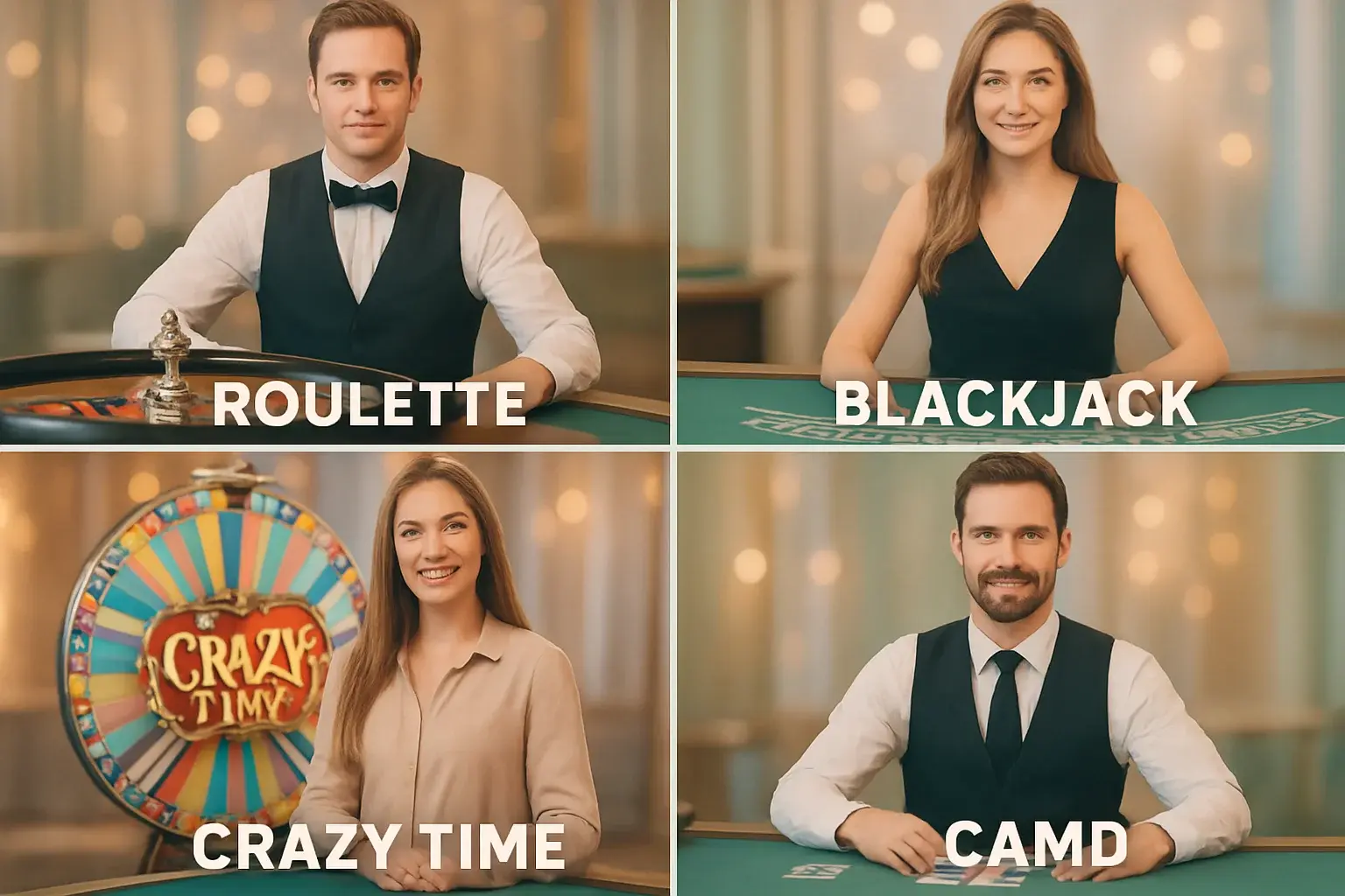 Vivid live casino game cards with roulette, blackjack, Crazy Time, and dealer