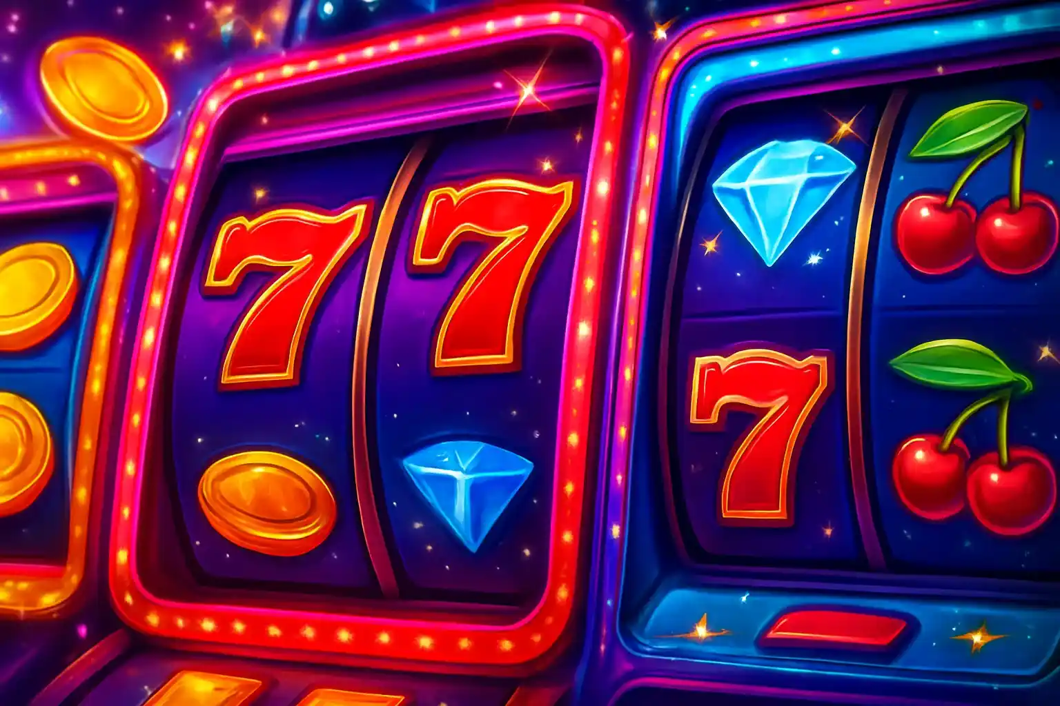 Colorful casino slot machines collage with reels, coins, diamonds, and 7s