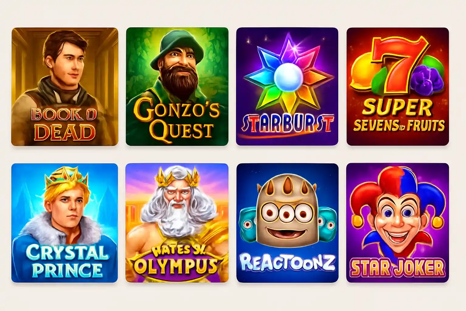 Grid of colorful slot game thumbnails with Egypt, fantasy, fruit, sci-fi themes